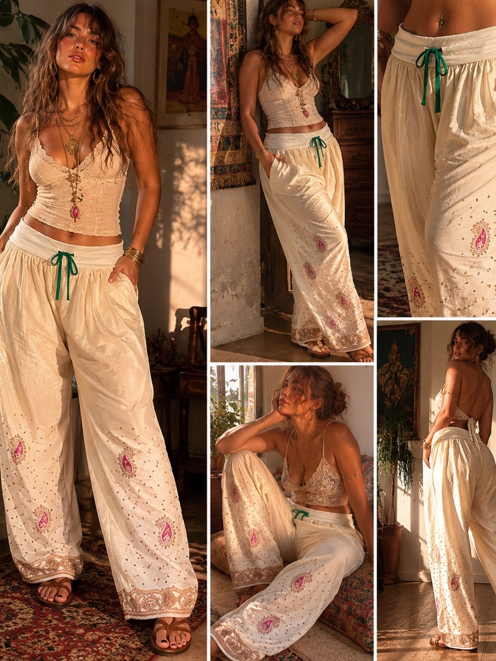 Bohemian Harem Cream Wide-Leg Embroidered Pants with Green Drawstring Waist 44